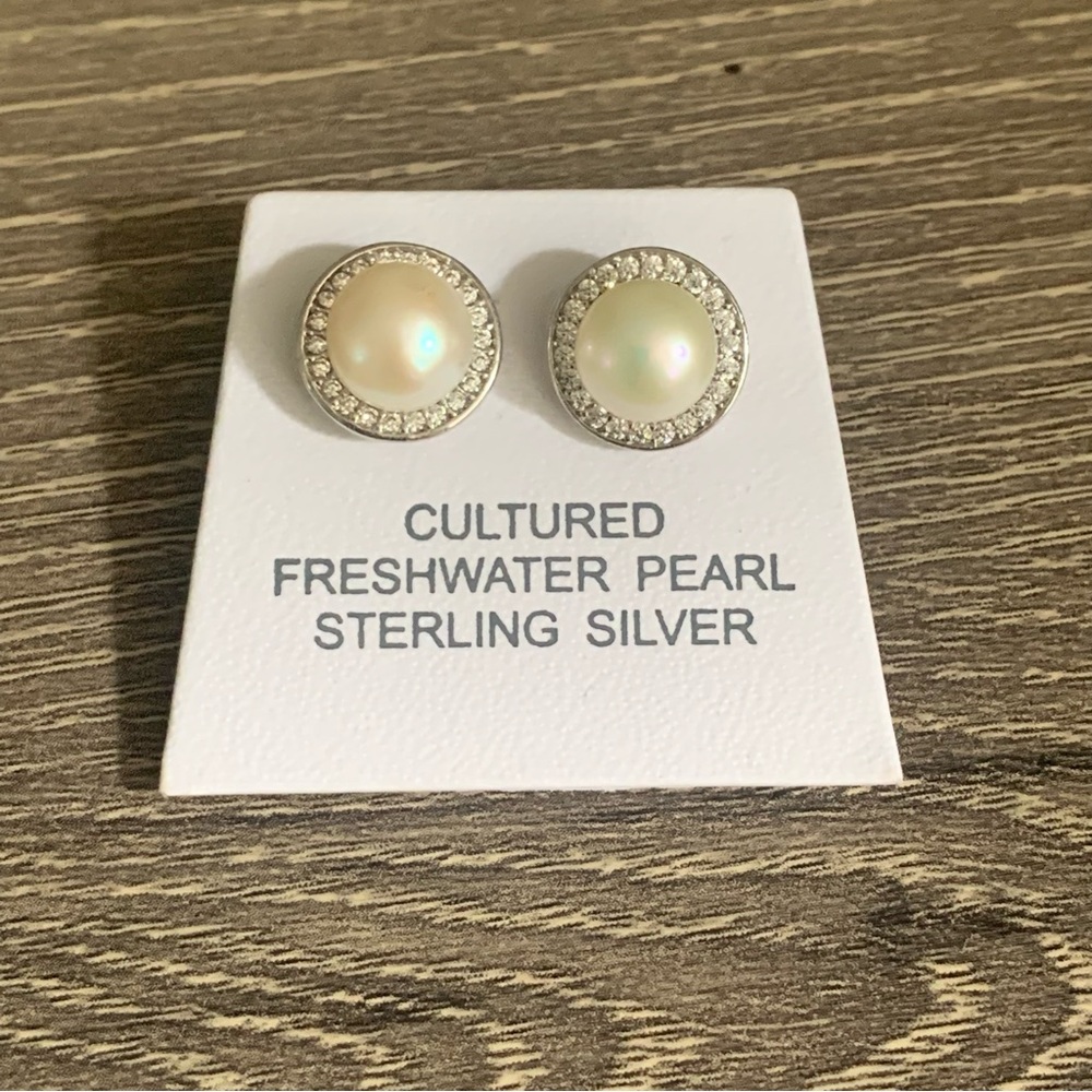Cultured Freshwater Pearl 925 Sterling Silver Stud Earrings CZ Jacket 10 mm